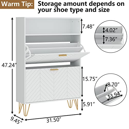 Auromie Shoe Storage Cabinet with 2 Flip Drawers, Freestanding Tipping Bucket Shoe Cabinet, Modern Entryway Shoe Rack with Storage Top Cubby, Narrow Slim Hidden Shoe Organizer with Doors (White)