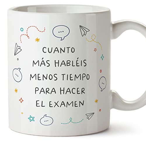 MUGFFINS Tazas para PROFESOR - En Español - Menos tiempo examen - 11 oz / 330 ml - Regalo original...
