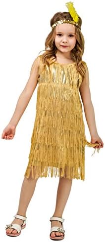 DSplay Kids Girl's Fashion Flapper Satin Dress Costume (L, Gold)