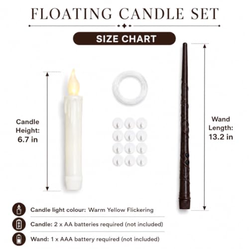 Image of Wanna Party Magical Floating Candles with Remote Wand, 12 Pcs Warm Yellow Flickering Flameless Hanging Candles with Clear Line & Adhesive Hooks for Wizard Theme Birthday, Halloween & Room Decoration