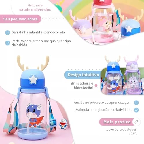 Garrafa De Alce Água Infantil Criança Portátil Com Canudo Desenho Fantasia Para Meninas ou Meninos 6