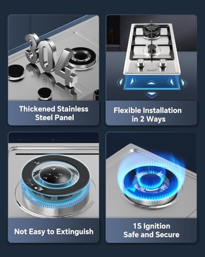 Image of Ranein 12 Inch 2 Burner Gas Cooktop, NG /LPG Convertible Gas Stove Top, 304 Stainless Steel with Thermocouple Flameout Protection for Kitchens, Apartments, RVs
