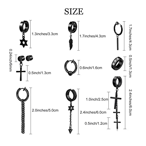 14 Pcs Black Goth Punk Stainless Steel Non Pierced Cross Feather Spike Awl Star Of David Dangle Tassel Clip On Hoop Earrings Set Jewelry For Women Men, Non Piercing Fake Cross Magnetic Stud Earrings #TOP7