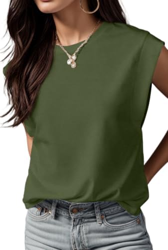 GRECERELLE Cap Sleeve Tops for Women Summer Tank Top Casual Loose Crew Neck Basic Tee Shirts Army Green-XS - 2