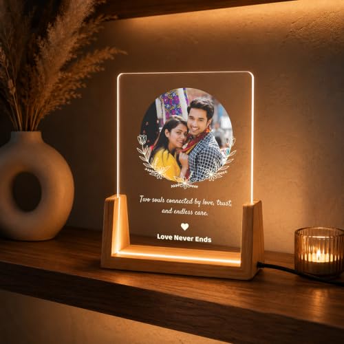 Image of Giftplease Personalized LED Acrylic Photo Frame with Custom Photo & Text | Engraved Acrylic Picture Lamp with Wooden LED Base | USB Warm Night Light for Anniversary, Wedding, Birthday, Couple & Family