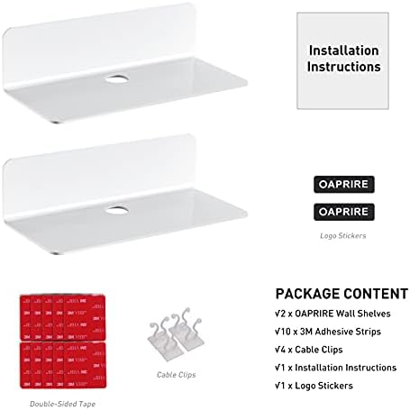 OAPRIRE White Floating Wall Shelves Set of 2 - Easily Expand Wall Space - Acrylic Small Shelf for Bedroom, Bathroom, Kitchen, Living Room, Office, Playroom with Cable Clips