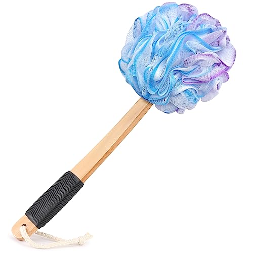 Luffa de malla suave de polietileno con mango de madera antideslizante hecho de material de goma suave y resistente, para ducha para mujeres y hombres con cuerda para colgar fácilmente (morado, azul