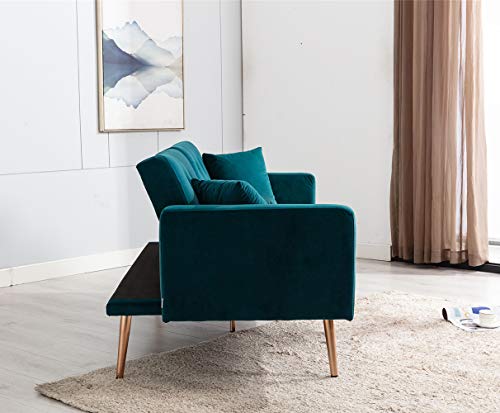 Sleerway Velvet Futon Sofa Bed With 5 Golden Metal Legs, Sleeper Sofa Couch With Two Pillows, Convertible Loveseat For Living Room And Bedroom, Teal #TOP6