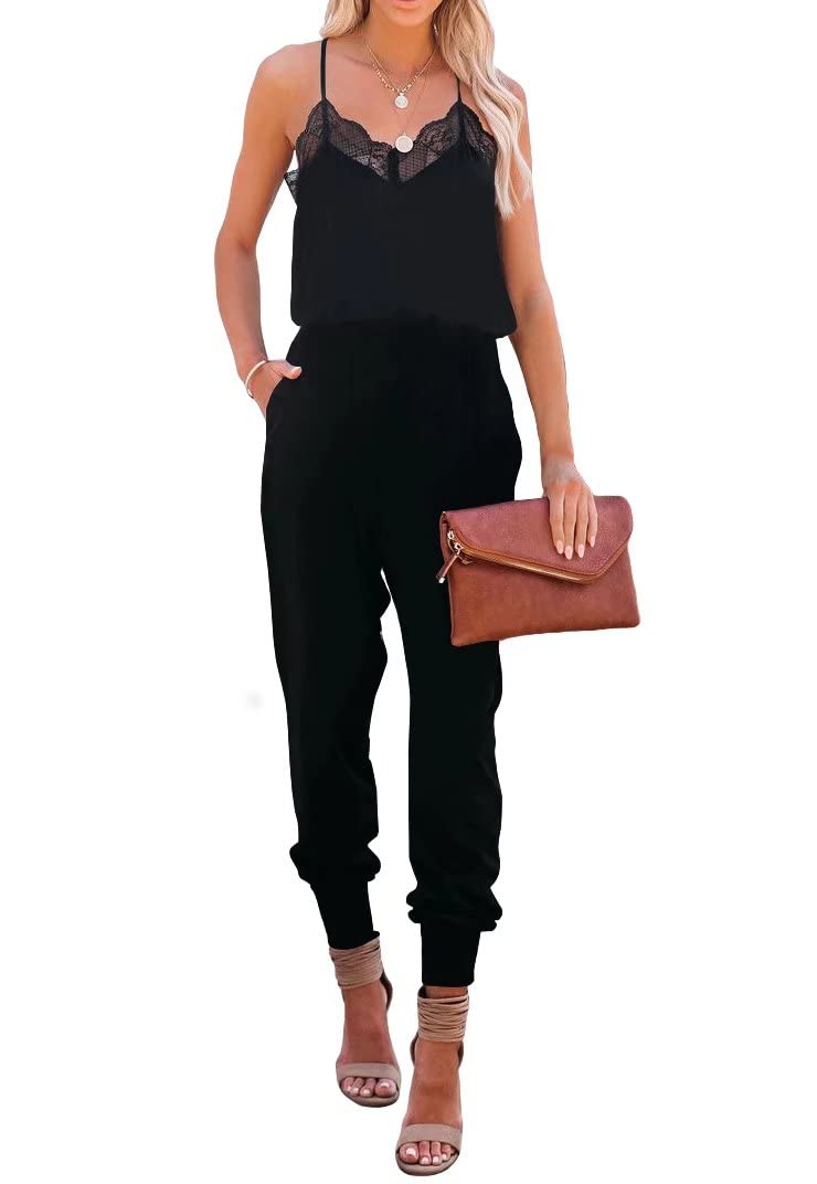 LACOZYWomen's Casual Solid Lace Tank Jumpsuits V-Neck Spaghetti Strap Romper Sleeveless Long Jumpsuit, Black With Two Pockets at Sides, Large