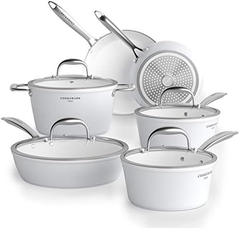 COOKSMARK Nonstick Ceramic Cookware Set, Induction & Dishwasher Safe Scratch-Resistant Pots and Pans Set with Glass Lids 10 Pieces, White