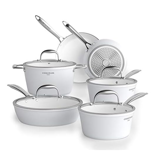 COOKSMARK Nonstick Ceramic Cookware Set, Induction & Dishwasher Safe Scratch-Resistant Pots and Pans Set with Glass Lids 10 Pieces, White