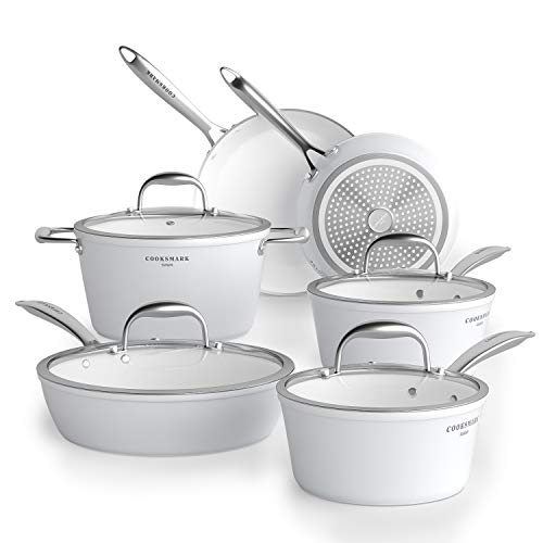 COOKSMARK Nonstick Ceramic Cookware Set, Induction & Dishwasher Safe Scratch-Resistant Pots and Pans Set with Glass Lids 10 Pieces, White by COOKSMARK - Used condition - US$99.99