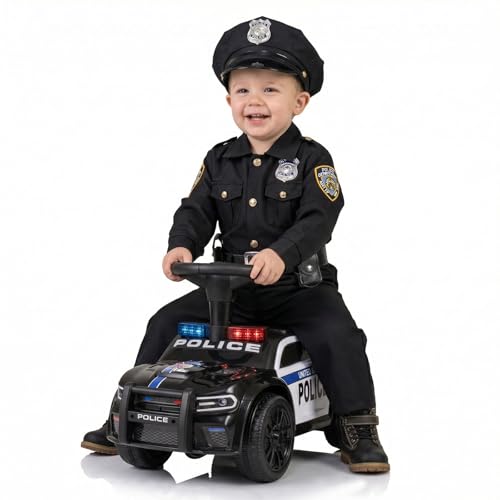 OLAKIDS Ride On Push Police Car, Toddler Foot-to-Floor Sliding Toy with Siren, Steering Wheel, Megaphone, Horn, Headlights, Under Seat Storage, Kids Racer Walking Gift for Boys Girls 1-3 (Classic)