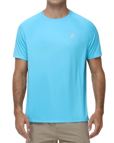 Image of Runhit Men's Rash Guard UPF 50+ Sun Protection Short Sleeve T-Shirts Lightweight Quick Dry SPF UV Swim Shirt for Golf Hiking Cycling, Aqua Blue M