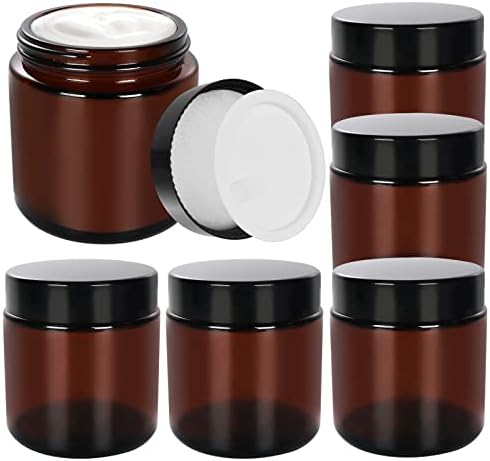 SHiZAK 120ml 4 oz Amber Round Glass Jars with Black Lids and White Inner Liners Great Perfect for Cosmetics and Face Cream Lotion and Personal Care Products and More (Pack of 6)