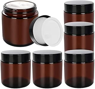 SHiZAK 120ml 4 oz Amber Round Glass Jars with Black Lids and White Inner Liners Great Perfect for Cosmetics and Face Cream Lotion and Personal Care Products and More (Pack of 6)