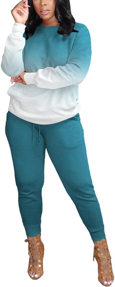 HBQ Two Piece Outfits For Women Casual Long Sleeve Sweatsuits Jogger Tracksuits Lounge Sets With Pockets-Gradient-M - Image 2