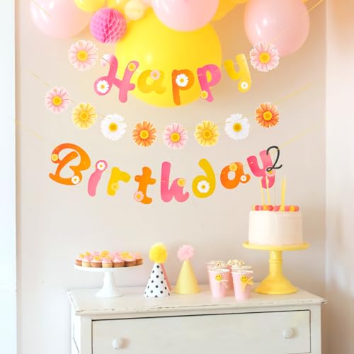 Image of SUNBEAUTY Flower Daisy Happy Birthday Banner Groovy Party Banners Groovy Party Decorations Boho Happy Birthday Banner Daisy Retro Hippie Party Supplies Baby Shower | Pre-Strung