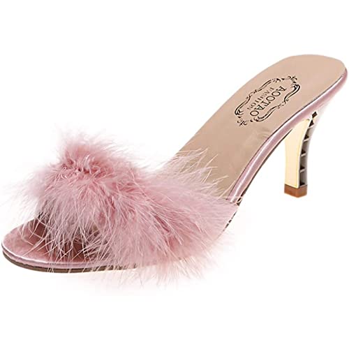 QAZW Plume Haut Talon Femmes Sandales Sexy Fourrure Pantoufle Bout Ouvert Sandales mi Talon Confortable élégant Grande Taille Couleur Unie,A-39(EU)