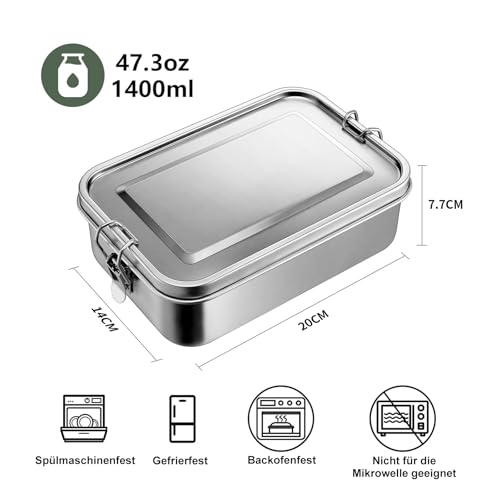Foto von ABCORPHIC Brotdose mit Fächern Edelstahl 1400ml groß, Auslaufsichere Bento Box mit verstellbarer Trennwand, Metall Lunchbox für Erwachsene & Kinder