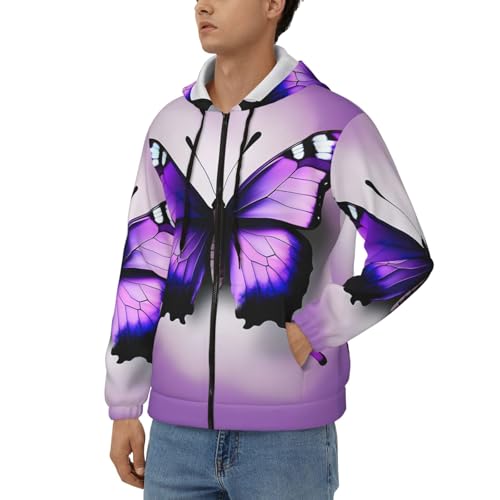 Pull à capuche homme violet imprimé papillon avec fermeture éclair et cordon