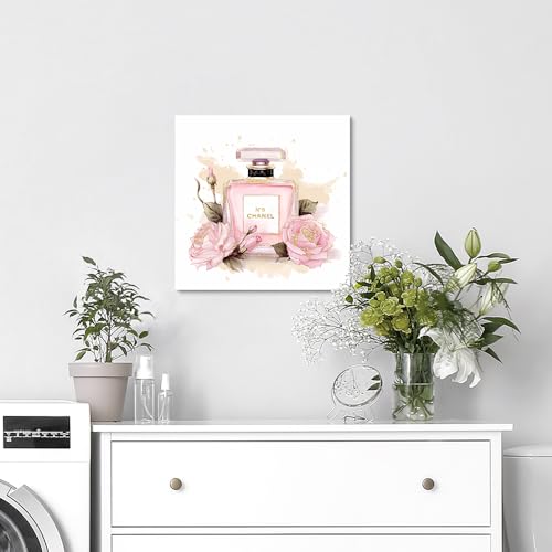 Image of cozy country Chanel-Inspired Perfume Canvas Wall Art - 12x12 Inches Fashion Artwork Print, Pink Floral Luxury Picture for Bathroom & Women's Room Decor, Ready to Hang