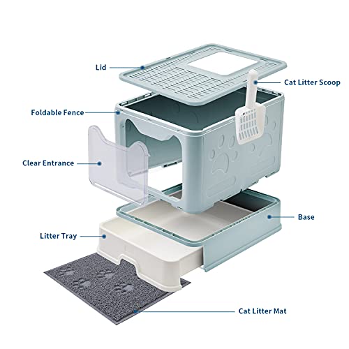 Medario Cat Litter Box With Cat Litter Mat And Scoop, Large Foldable Litter Box With Lid, Front Entry Top Exit Kitty Litter Box, Odor Control Easy Clean (Blue) #TOP4