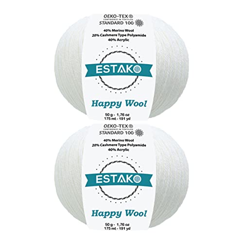 Estako Happy Wool (2 Skeins Pack ) 40% Merino Wool 20% Cashmere Type Polyamide 40% Acyrlic Fingering Weight Soft Knitting And Crochet Yarn (2 X 1.76 Oz) (2 X 191 Yds) (8001 - White) #TOP24
