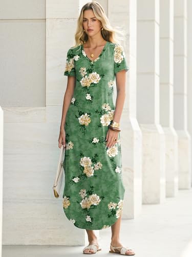 ANRABESS Women’s Summer Maxi Dress V Neck Short Sleeve Slit Side Shirt Dress Loose Fit Travel Beach Dress with Pockets Green Yellow Rose Floral Large — view 2