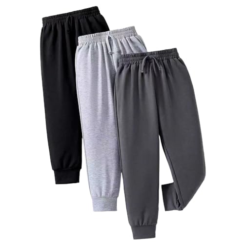 Nivne Tco Tween Boys 3 Pack Sweatpants Elastic Waistband Pants with Rope Decor Kids Casual Jogger Trousers (US, Age, 9 Years, Black+Grey+Dark Grey)