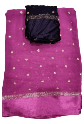 Image of Pure Georgette Sequence Work Saree with Contrast Blouse, Satan Patta Fabric