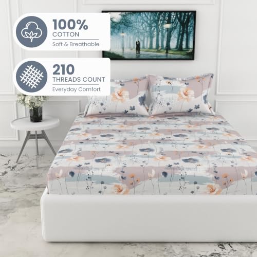 Image of LORETO - A QUALITY LINEN BRAND 210 TC 100% Pure Cotton King Size Fitted Bedsheet with 2 Pillow Covers for 78 x 72 Inch Mattress, All-Around Elastic, 8 Inch Deep Pocket, Blue & Peach