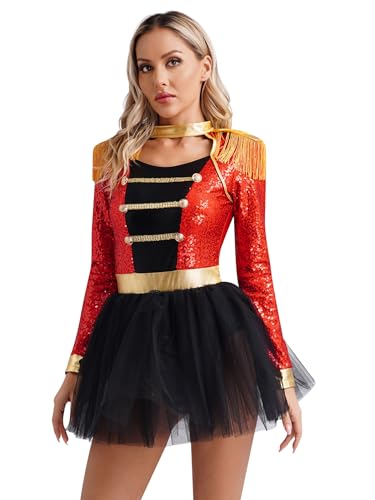 Aislor Femme Déguisement De Dompteuse Cirque Tenue Femme Body Robe Carnaval Mascarade Fête Clown Arlequin Costume Circus Clown Cosplay Circus Rouge M – vue 4