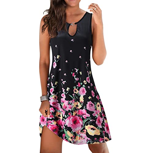 Gufesf Summer Dresses For Women 2023 Casual Loose Floral Print Sleeveless Crew Neck Mini Short Dress A Line Shift Dress #TOP2