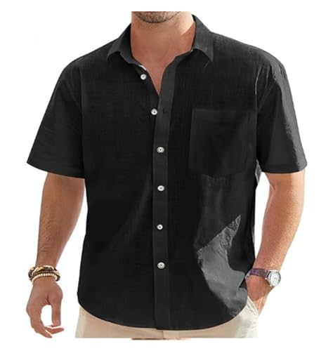 Camisa De Lino Hombres Verano Manga Corta Guayabera Camisa De Lino Trabajo Ocio Camisa Fit Negocios Ocio Vacaciones(Noir,L)