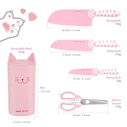 Hecef Cute Kitchen Knife Set,5-Piece Non-Stcik Knives Set With Detachable Block And Scissors,Sharp Kitchen Knives For Chopping, Slicing, Dicing And Cutting, Gift Housewarming Birthday (Pink) #TOP1