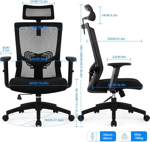 Daccormax Bürostuhl Ergonomisch, Schreibtischstuhl mit Verstellbarer Kopfstütze, Armlehnen, Lendenwirbelstütze… – Ansicht 3