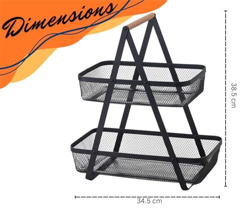 Trendi 2 Tray Fruit Stand Fruit Bowl, 2-Tier Mesh Fruit Basket with Wooden Handle, Fruit Bowl, Bread Basket, Vegetable Bread Basket, Modern for Kitchen Decoration, Vegetables, Fruits, Snacks - Image 3
