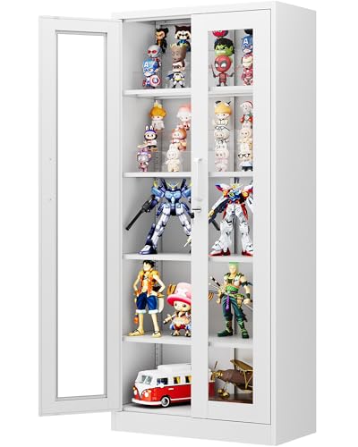 PEUKC Display Cabinet with Glass Doors, 67''H Metal Display Case with Lock and 4 Adjustable Shelves, HD Tempered Glass Curio Storage Cabinet for Home, Office, Pantry, Assemble Required (White)