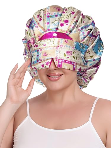 Vettres Pleated Silk Sleeping Bonnet with Eye Mask Double Layer Satin Hair Bonnets Sleep Cap for Curly Natural Hair Blue Purple Floral — view 2