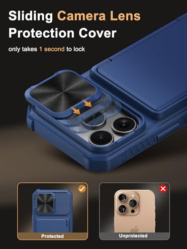 Image of Vihibii for iPhone 16 Pro Wallet Case with Card Holder (4 Cards) [RFID Blocking] & Slide Camera Cover & Raised Edges Protect Screen, Shockproof Rugged Phone Cover for iPhone 16 Pro 6.3 inch 2024, Blue