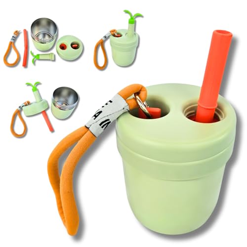 Pote Copo Térmico 2 em 1 Infantil Inox com canudo e alça. Papinhas, comidinhas e bebidas 400ml (VERD