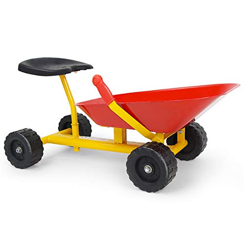 HONEY JOY Ride On Sand Dumper for Kids, Outdoor Garden Dump Cart Wheelbarrow w/8 Inch Wheels, Heavy Duty Steel Sit On Pulling Wagon Play Toy for Boys Girls