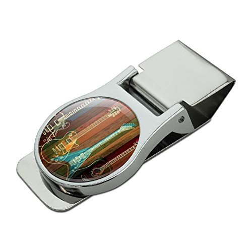 Guitars Electric Acoustic Rock and Roll Wood Paneling Satin Chrome Plated Metal Money Clip