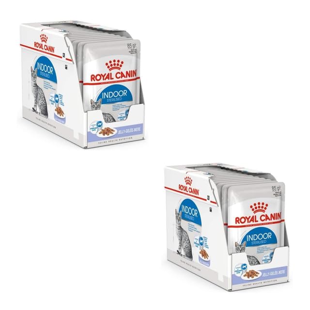 Royal Canin Indoor Sterilised in Gelee | Doppelpack | 2 x 12 x 85 g | Alleinfuttermittel für ausgewachsene Katzen die im Haus Leben | Für sterilisierte Katzen | Häppchen in Gelee