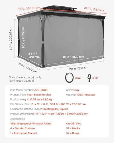 VEVOR Gazebo Curtains Outdoor, Fit 12' x 10' x 6.7' Gazebos, 4-Panel Sidewall Gazebo Privacy Curtains with Zippers, Outdoor Curtain Replacement for Patio Canopy, Only Curtain, Gray image 18