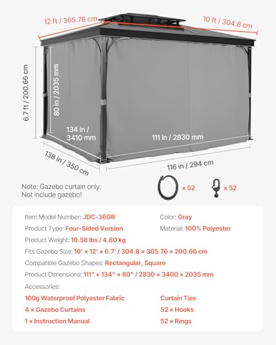 VEVOR Gazebo Curtains Outdoor, Fit 12' x 10' x 6.7' Gazebos, 4-Panel Sidewall Gazebo Privacy Curtains with Zippers, Outdoor Curtain Replacement for Patio Canopy, Only Curtain, Gray - Image 6