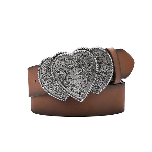 Women Western Leather Belt Ladies Cowgirl Leather Belt Vintage Medieval Heart Buckle Belt