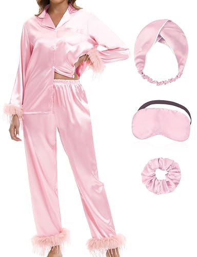 MORFORU Satin Pajama Set for Women Feather Trim Long Sleeve Pjs with Sleep Mask Headband Scrunchie Sleepwear Lounge Set (Pink/XL)