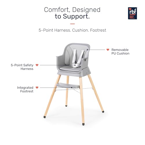 Image of Growgether ORBIT 4-in-1 Baby High Chair with Solid Beechwood Legs | TUV SUD Certified Convertible Wooden Feeding Chair, Booster Seat & Toddler Stool (6-36M) | 5-Point Safety Harness, Dual-Layer PP Tray & Removable PU Cushion | 1 Year Warranty | Grey
